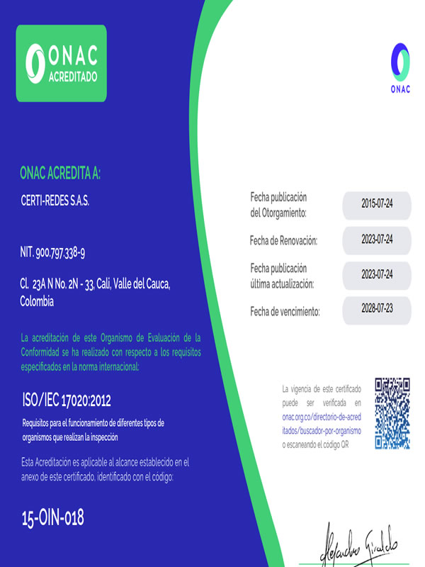 Certificado ONAC 15-OIN-018 de Certi-Redes